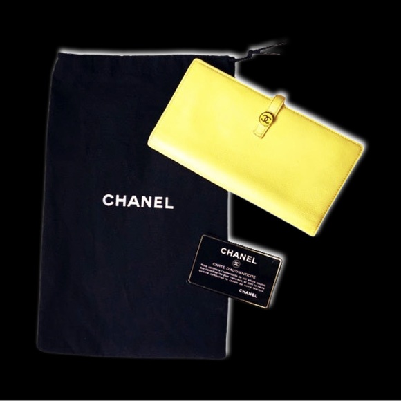 CHANEL Vintage 2004 Yellow Caviar Coco Button Snap Leather Long Wallet NWOT - Picture 13 of 13